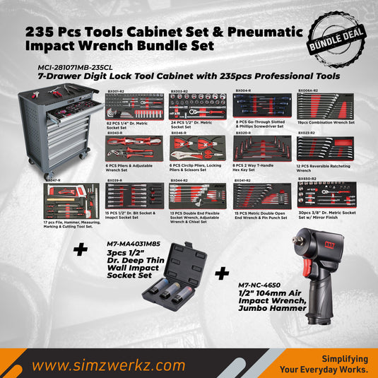 235 Pcs Tools Cabinet Set & Pneumatic Impact Wrench Bundle Set