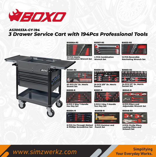 3 Drawer Service Cart (Grey) with 194 Professional Tools