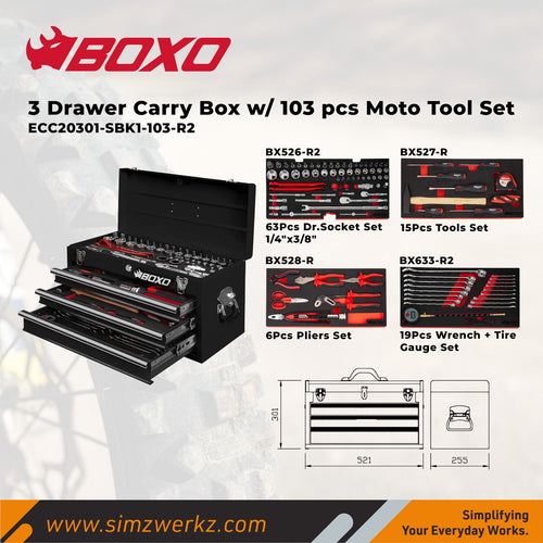 3 Drawer Carry Box w/ 103 pcs Moto Tool Set (MM) - Black