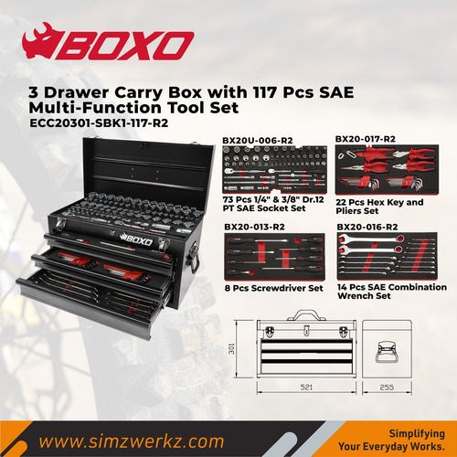 3 Drawer Carry Box w/ 117 pcs SAE Multi-Function Tool Set (Inch) - Black