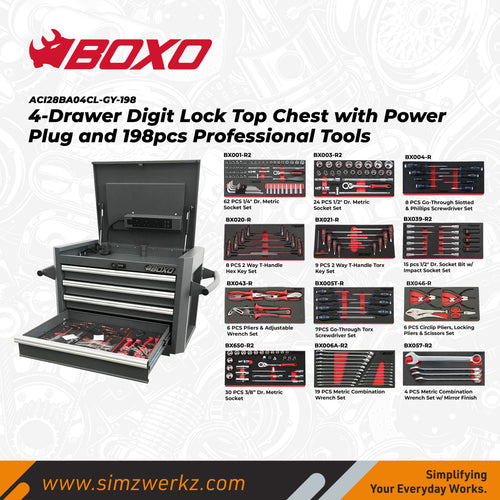 4-Drawer Digit Lock Top Chest with Power Plug and 198pcs Professional Tools