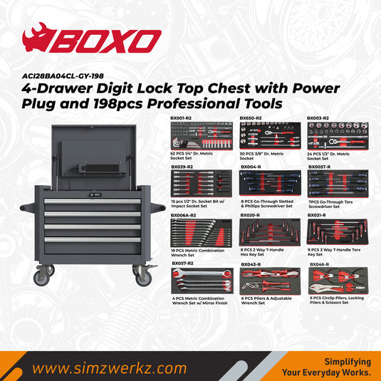4-Drawer Digit Lock Top Chest with Power Plug and 198pcs Professional Tools