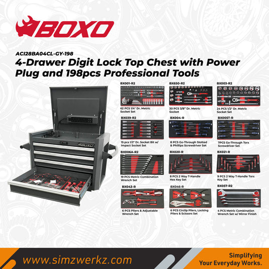 4-Drawer Digit Lock Top Chest with Power Plug and 198pcs Professional Tools