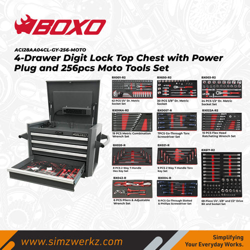 4-Drawer Digit Lock Top Chest with Power Plug and 256pcs Moto Tools Set