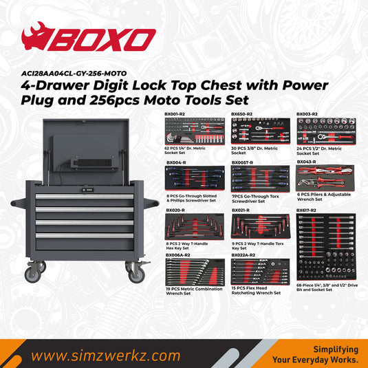 4-Drawer Digit Lock Top Chest with Power Plug and 256pcs Moto Tools Set