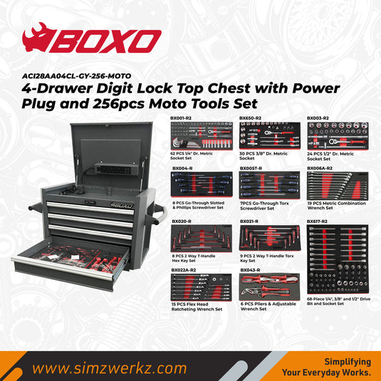 4-Drawer Digit Lock Top Chest with Power Plug and 256pcs Moto Tools Set