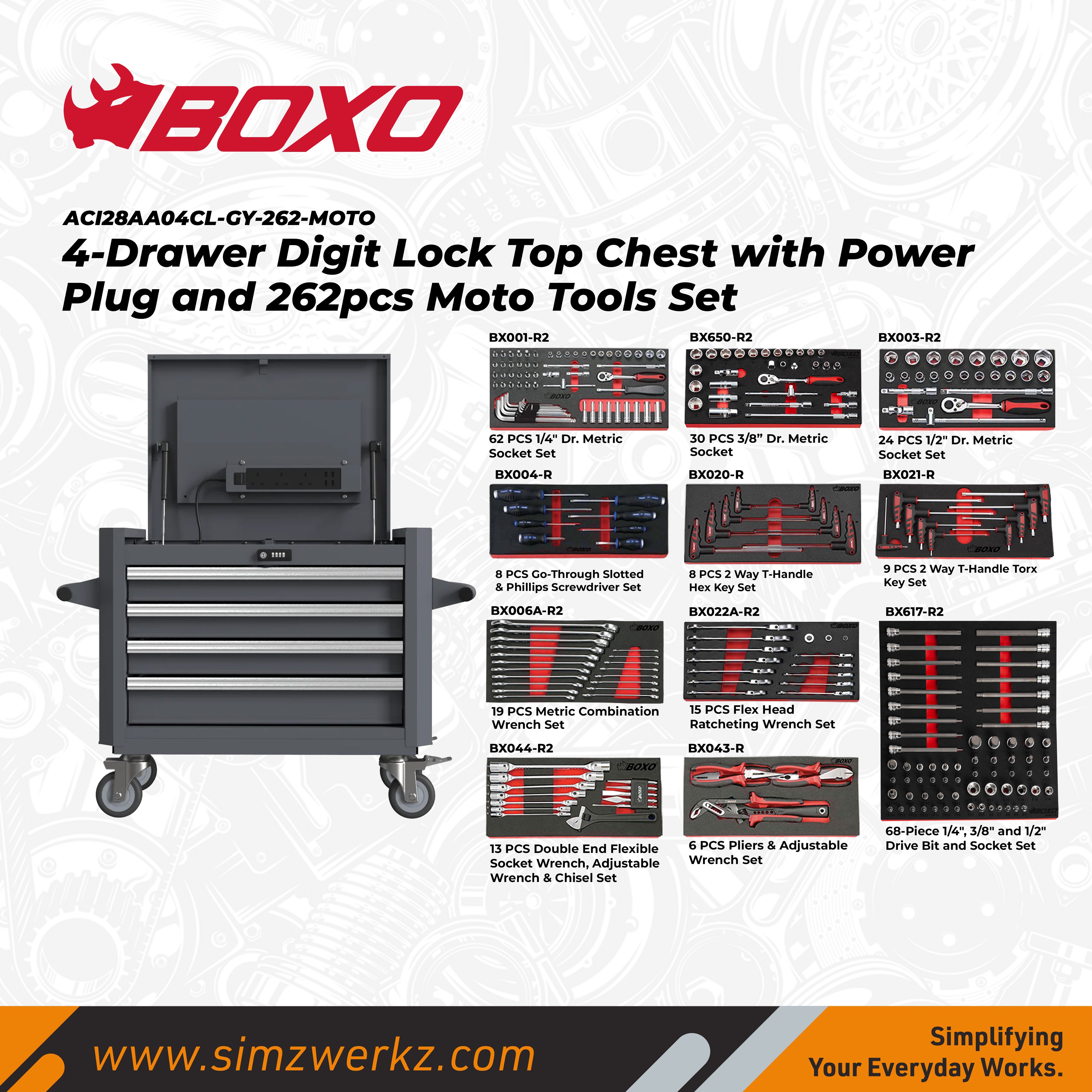 4-Drawer Digit Lock Top Chest with Power Plug and 262pcs Moto Tools Se ...