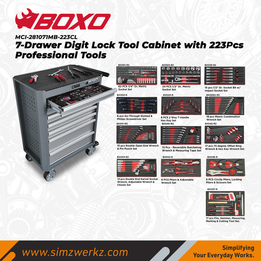 7-Drawer Digit Lock Tool Cabinet with 223pcs Professional Tools