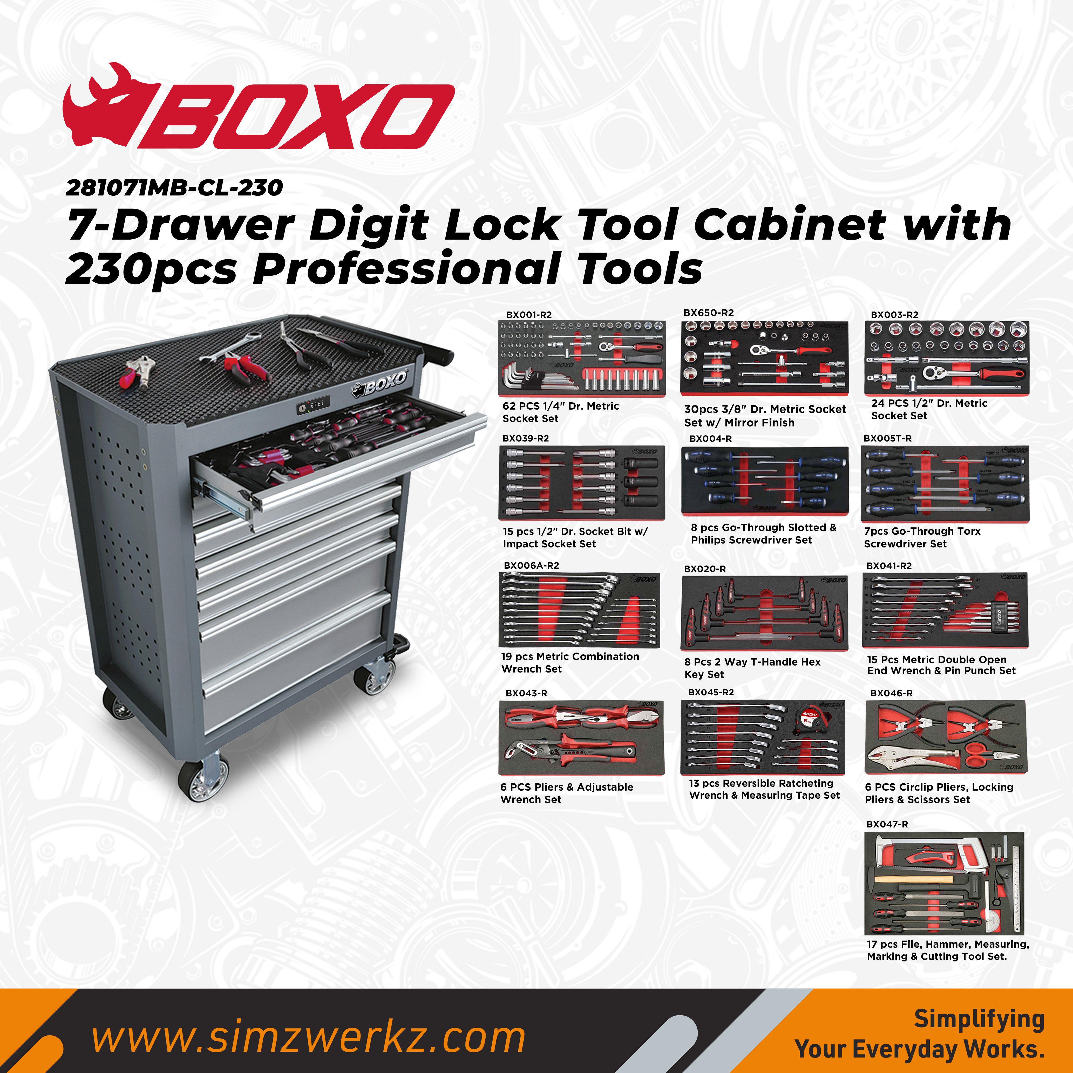 7-Drawer Digit Lock Tool Cabinet with 230pcs Professional Tools – SIMZ ...
