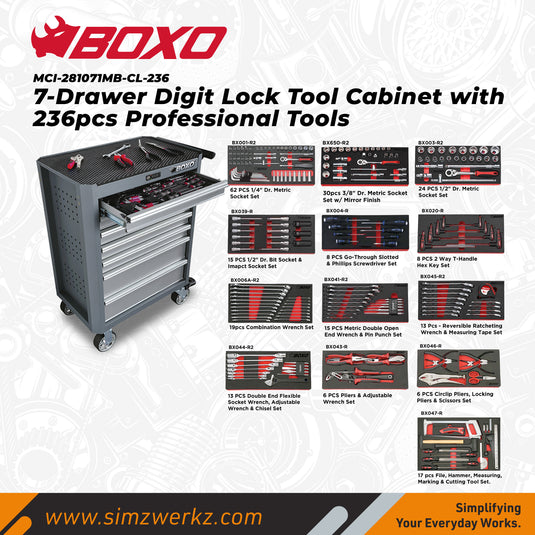 7-Drawer Digit Lock Tool Cabinet with 236pcs Professional Tools