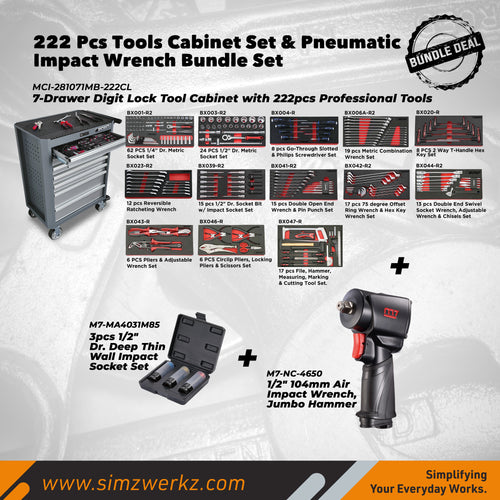 222 Pcs Tools Cabinet Set & Pneumatic Impact Wrench Bundle Set