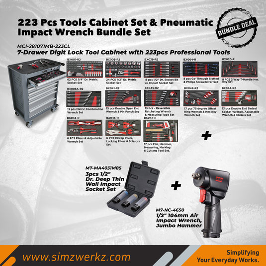 223 Pcs Tools Cabinet Set & Pneumatic Impact Wrench Bundle Set