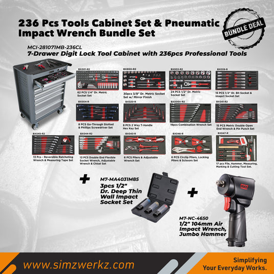 236 Pcs Tools Cabinet Set & Pneumatic Impact Wrench Bundle Set
