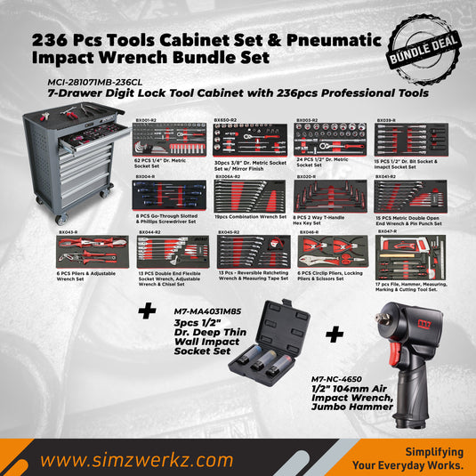 236 Pcs Tools Cabinet Set & Pneumatic Impact Wrench Bundle Set