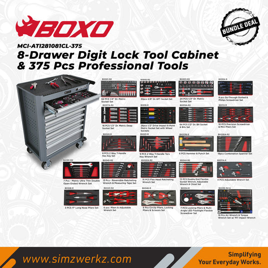 8-Drawer Digit Lock Tool Cabinet with 375pcs Professional Tools