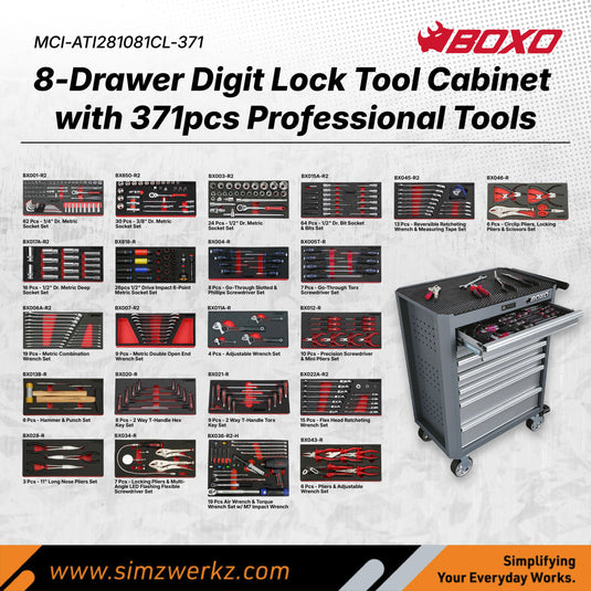 8-Drawer Digit Lock Tool Cabinet with 371 pcs Professional Tools