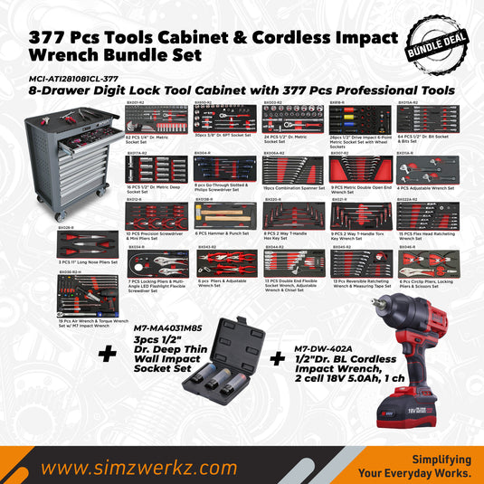 377 Pcs Tools Cabinet & Cordless Impact Wrench Bundle Set