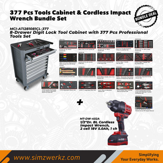 377 Pcs Tools Cabinet & Cordless Impact Wrench Bundle Set