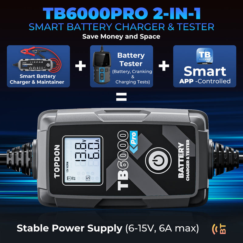 Load image into Gallery viewer, TB6000Pro 2-in-1 6A Battery Charger &amp; Battery Tester with App
