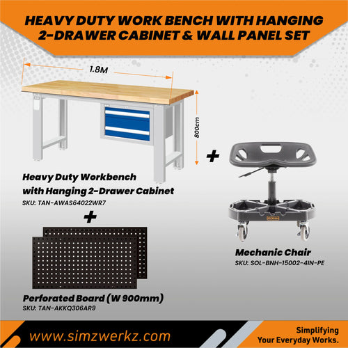 Heavy Duty Work Bench with Hanging 2-Drawer Cabinet & Wall Panel Set