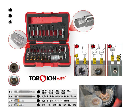 1/4" + 10 mm Torx and hexagonal screw extractor set, 34 pcs