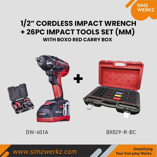 1/2" Cordless Impact Wrench +  26pc Impact Tools Set (mm) with Boxo Red Carry box