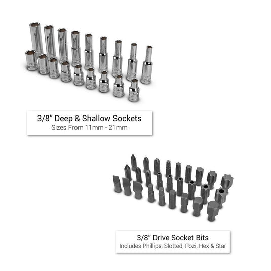 122 Pcs, 1/4" & 3/8" Dr. 6 PT Socket & Wrench Master Tool Set (Metric) - SIMZ Werkz